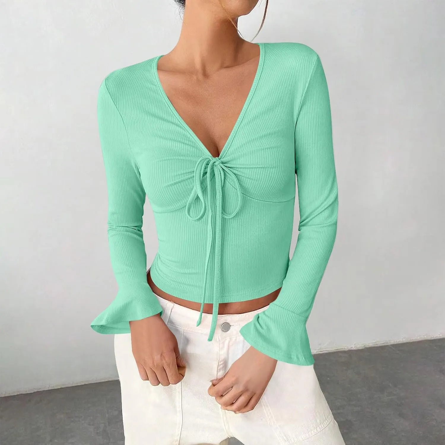 Sweater for Women Sexy V Neck Cropped Sweater Slim Fit Long Sleeve Knitted Pullover Tops Casual Y2k Going Out Shirts