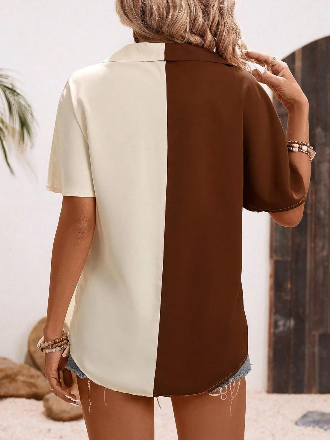 SweatyRocks Women's Colorblock Short Sleeve Button Down Shirts Lapel Neck Lightweight Button Front Blouses Shirts with Pocket