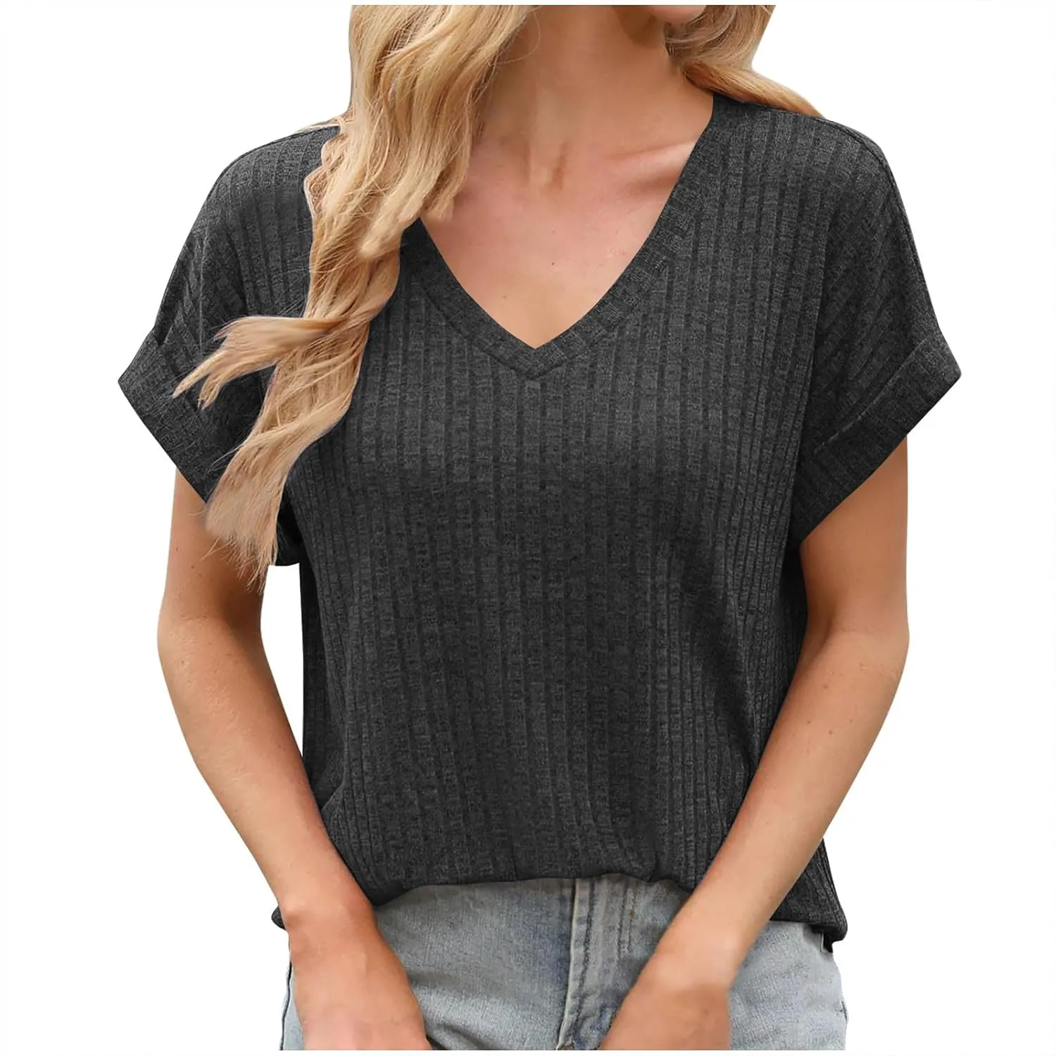 T Shirts for Women V Neck Ribbed Knit Casual Shirts Basic Tees Tops 2025 Summer Slim Fit T-Shirts Going Out Outfits