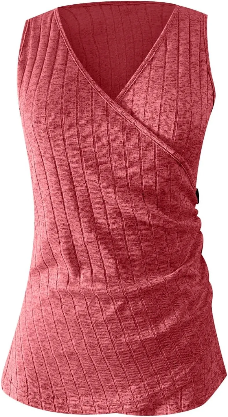 Tank Top for Women Wrap Ruched V-Neck T Shirts Solid Button Design Slim Fit Casual Blouses Holiday Summer Tee Top
