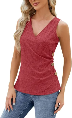 Tank Top for Women Wrap Ruched V-Neck T Shirts Solid Button Design Slim Fit Casual Blouses Holiday Summer Tee Top