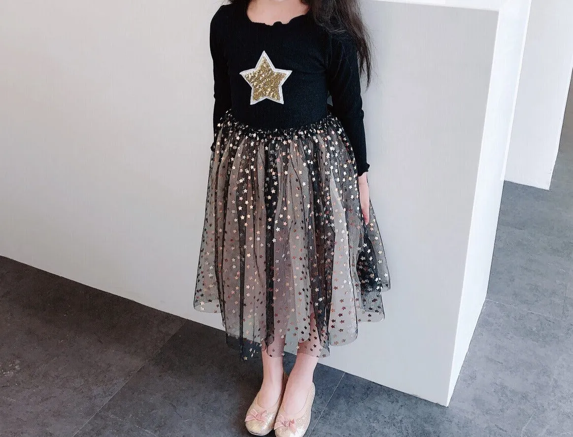 Toddler girl dresses 3~10 years kids long sleeve star mesh dresses for girls party princess dress children baby autumn clothes