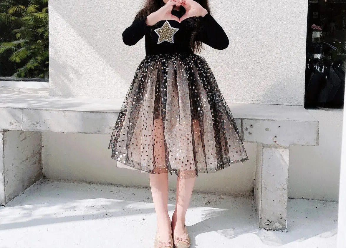 Toddler girl dresses 3~10 years kids long sleeve star mesh dresses for girls party princess dress children baby autumn clothes