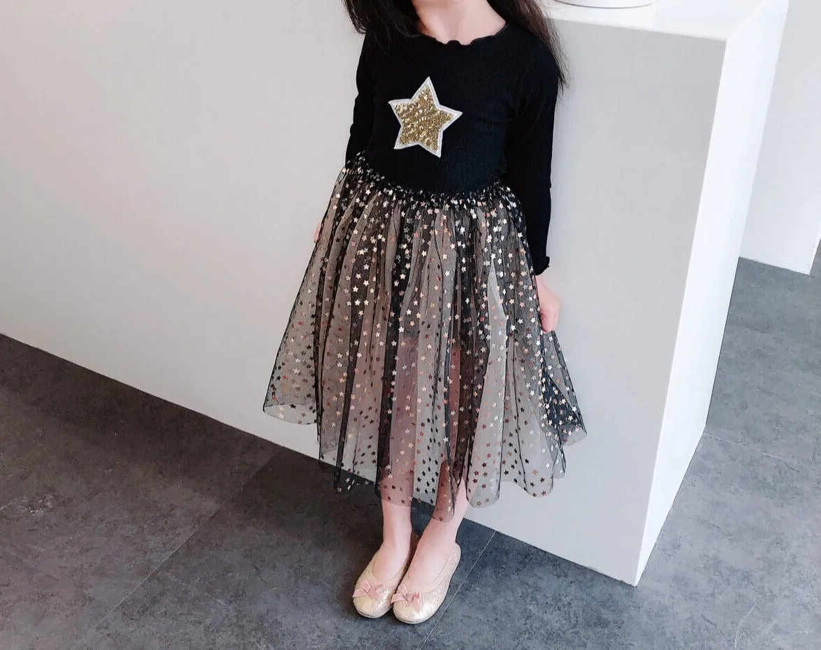 Toddler girl dresses 3~10 years kids long sleeve star mesh dresses for girls party princess dress children baby autumn clothes