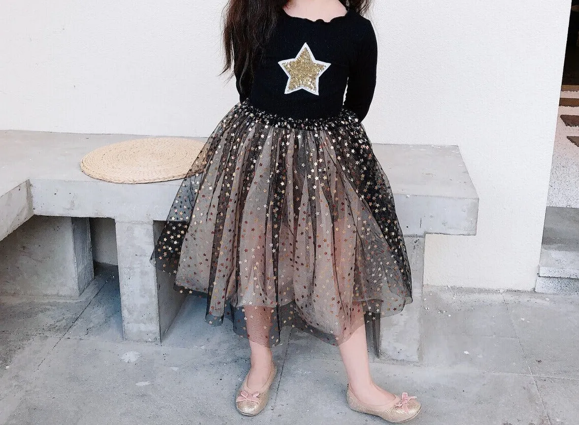 Toddler girl dresses 3~10 years kids long sleeve star mesh dresses for girls party princess dress children baby autumn clothes