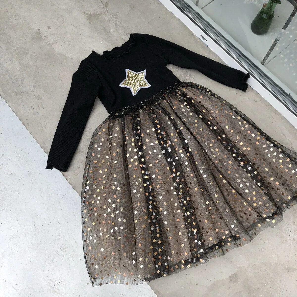 Toddler girl dresses 3~10 years kids long sleeve star mesh dresses for girls party princess dress children baby autumn clothes