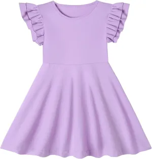 Toddler Girls Cotton Dress Double Flutter Sleeve Baby Tie Back Dress Kids Casual Ruffle Dresses