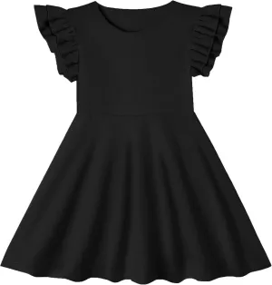 Toddler Girls Cotton Dress Double Flutter Sleeve Baby Tie Back Dress Kids Casual Ruffle Dresses