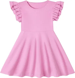 Toddler Girls Cotton Dress Double Flutter Sleeve Baby Tie Back Dress Kids Casual Ruffle Dresses