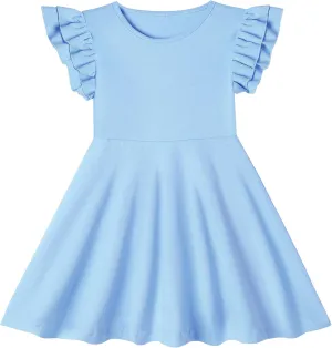 Toddler Girls Cotton Dress Double Flutter Sleeve Baby Tie Back Dress Kids Casual Ruffle Dresses