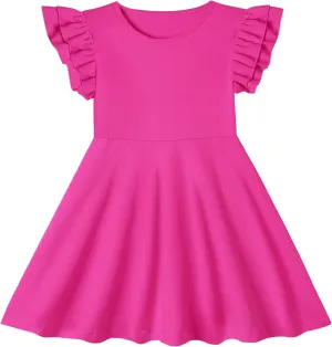Toddler Girls Cotton Dress Double Flutter Sleeve Baby Tie Back Dress Kids Casual Ruffle Dresses