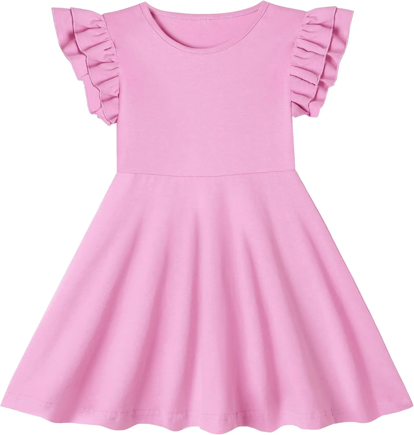 Toddler Girls Cotton Dress Double Flutter Sleeve Baby Tie Back Dress Kids Casual Ruffle Dresses