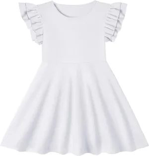 Toddler Girls Cotton Dress Double Flutter Sleeve Baby Tie Back Dress Kids Casual Ruffle Dresses