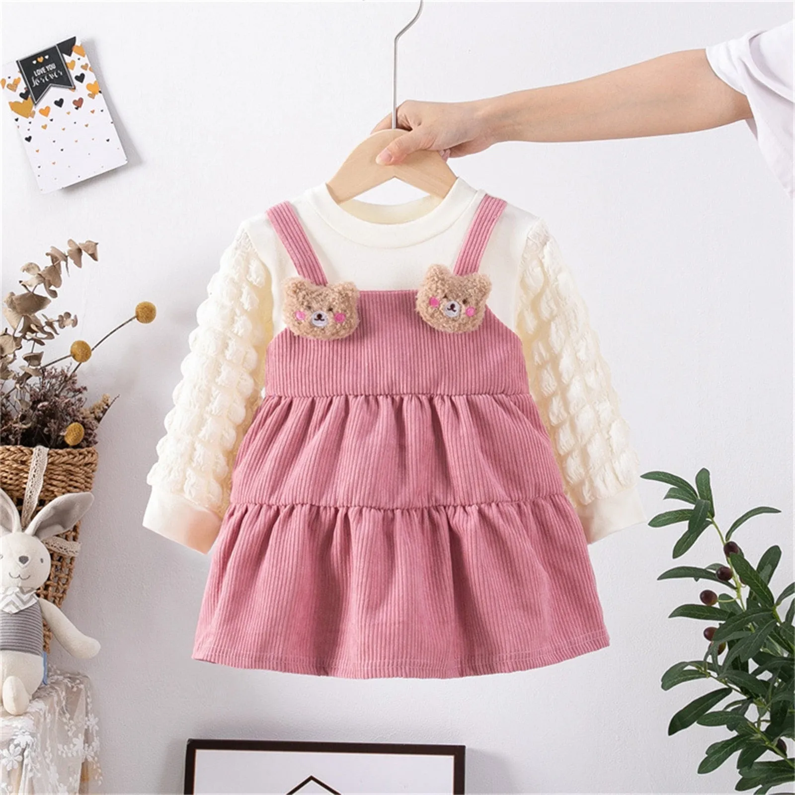 Toddler Kids Dress Baby Girls Winter Long Sleeve Soild Patchwork 3D Cute Bear Casual Princess Dress - BTGD8496