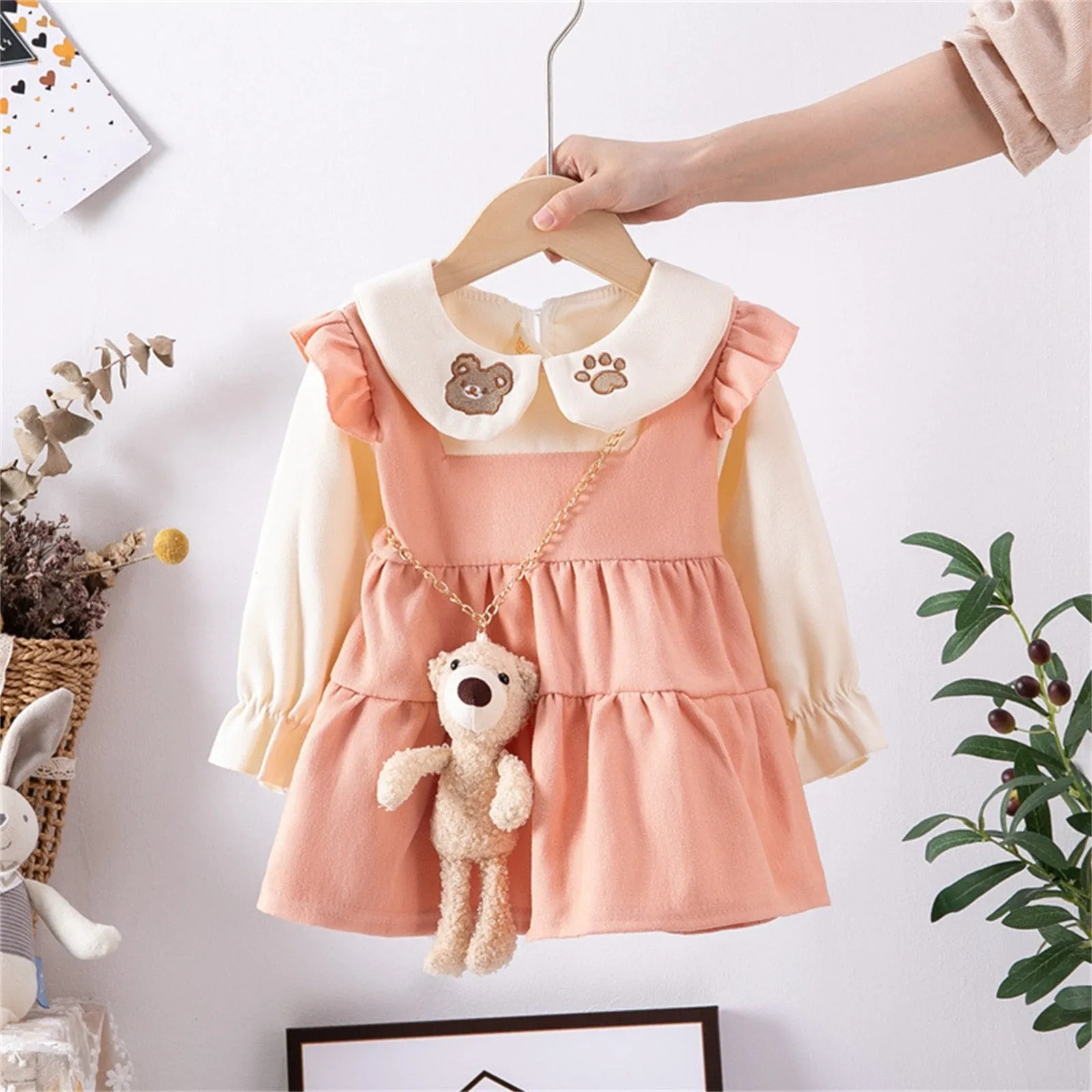 Toddler Kids Dress Baby Girls Winter Long Sleeve Soild Patchwork 3D Cute Bear Casual Princess Dress - BTGD8496