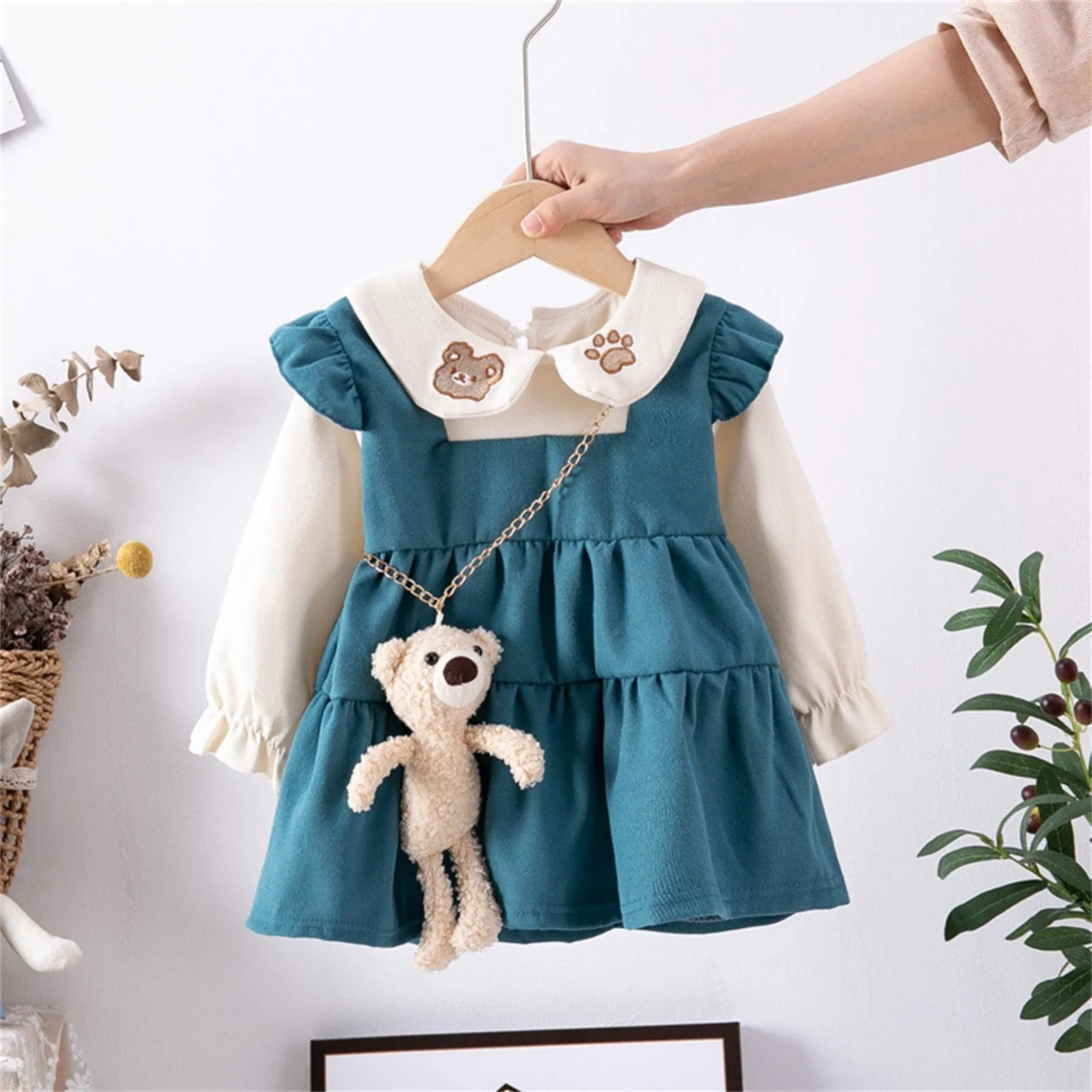 Toddler Kids Dress Baby Girls Winter Long Sleeve Soild Patchwork 3D Cute Bear Casual Princess Dress - BTGD8496