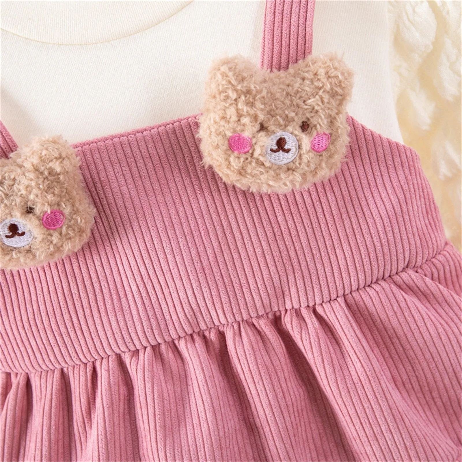Toddler Kids Dress Baby Girls Winter Long Sleeve Soild Patchwork 3D Cute Bear Casual Princess Dress - BTGD8496
