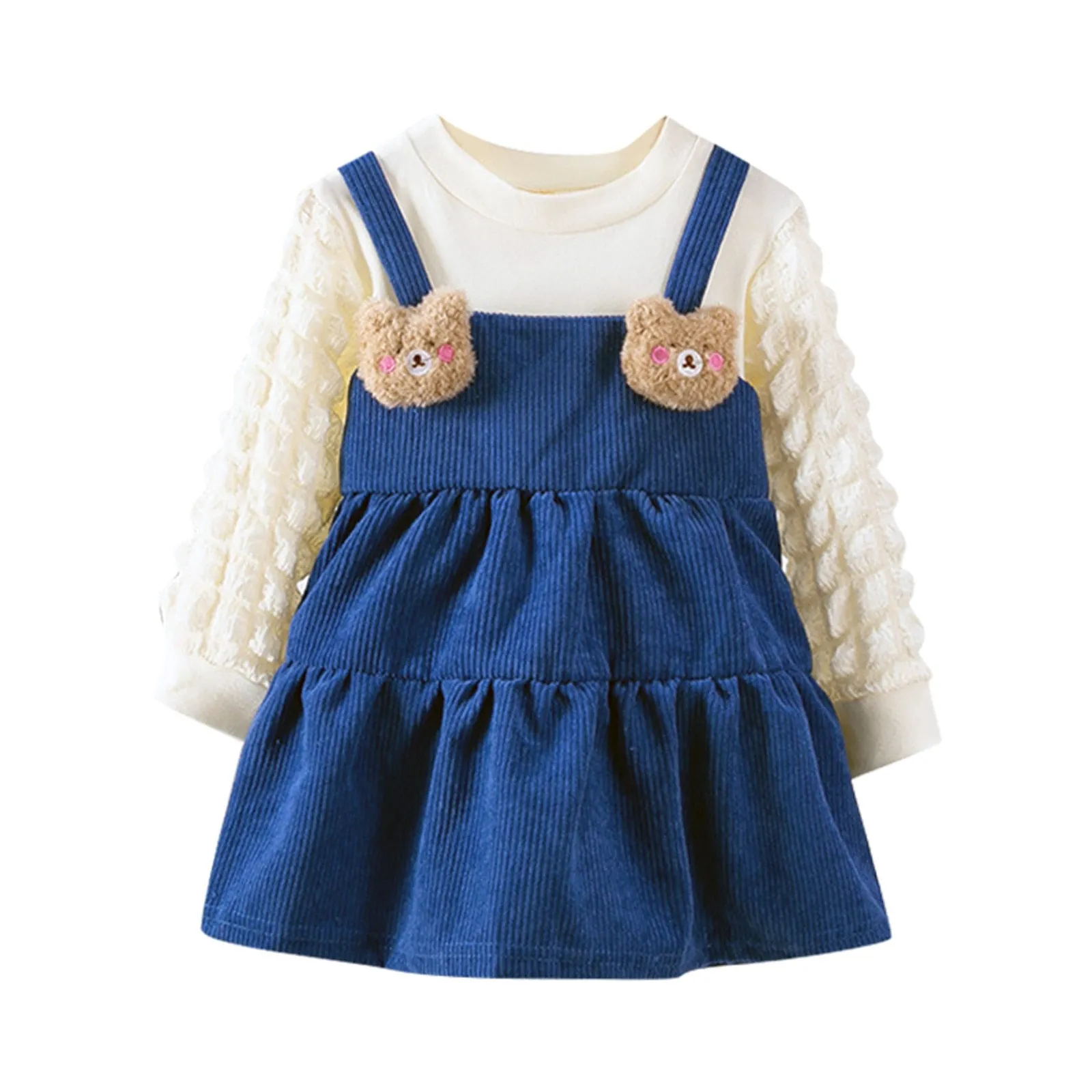 Toddler Kids Dress Baby Girls Winter Long Sleeve Soild Patchwork 3D Cute Bear Casual Princess Dress - BTGD8496
