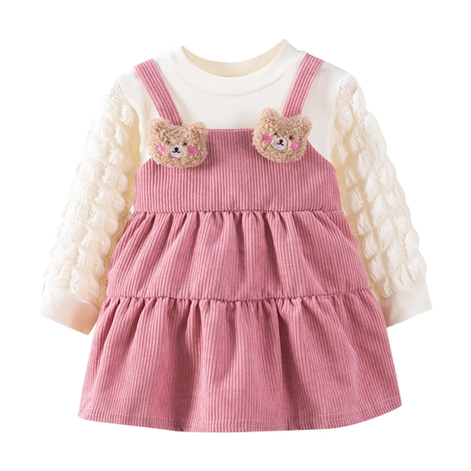 Toddler Kids Dress Baby Girls Winter Long Sleeve Soild Patchwork 3D Cute Bear Casual Princess Dress - BTGD8496