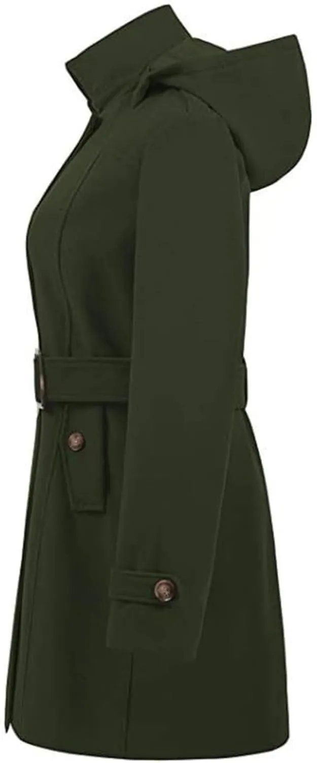 Trench Coat for Women Classic Lapel Collar Double Breasted Pea Coats Mid Length Winter Warm Wool Coats with Hood