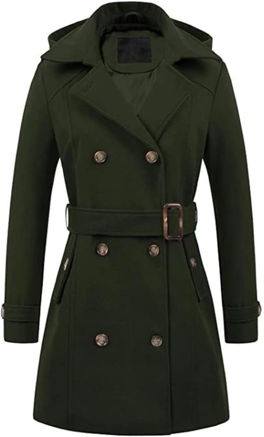 Trench Coat for Women Classic Lapel Collar Double Breasted Pea Coats Mid Length Winter Warm Wool Coats with Hood