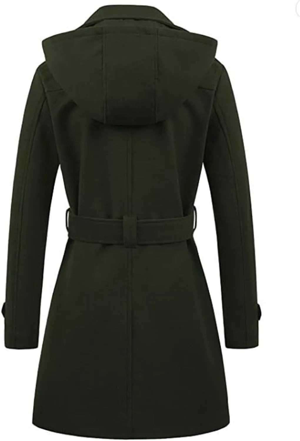 Trench Coat for Women Classic Lapel Collar Double Breasted Pea Coats Mid Length Winter Warm Wool Coats with Hood