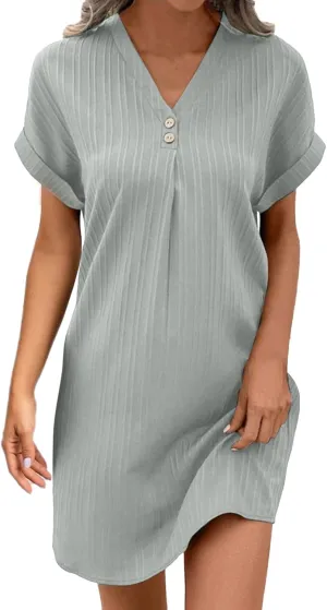 Tshirt Dress Women Holiday Bohemian Button V Neck Short Sleeve Midi Ruched Dresses Party Vacation Beach Sundresses for Women