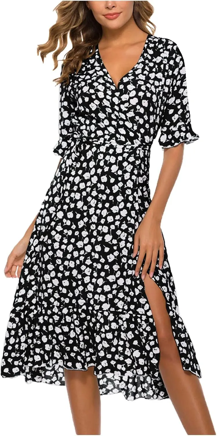 tuduoms Floral Chiffon Dress for Women Wrap Vneck Floral Ruffle Short Sleeve Midi Dress Belted Summer Beach Party Flowy Dress