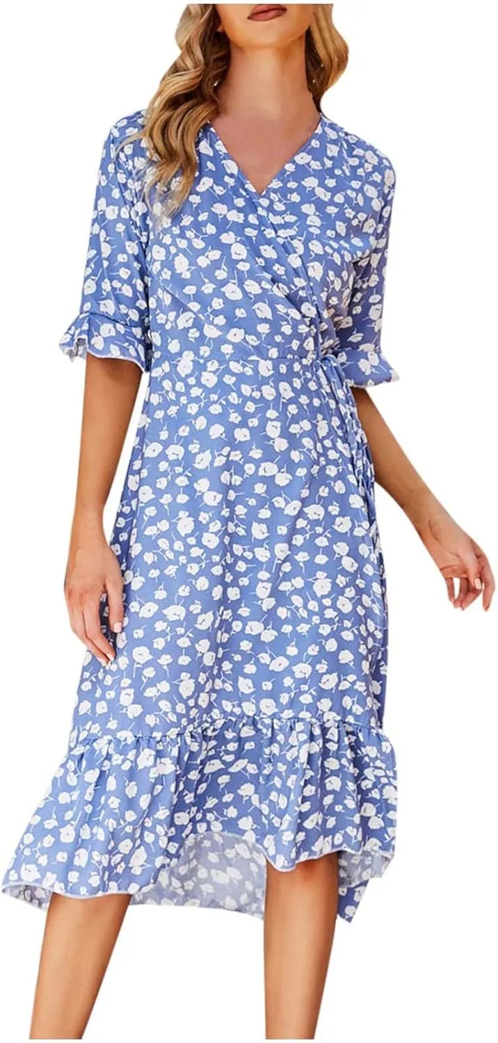 tuduoms Floral Chiffon Dress for Women Wrap Vneck Floral Ruffle Short Sleeve Midi Dress Belted Summer Beach Party Flowy Dress