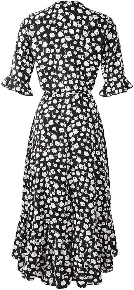 tuduoms Floral Chiffon Dress for Women Wrap Vneck Floral Ruffle Short Sleeve Midi Dress Belted Summer Beach Party Flowy Dress