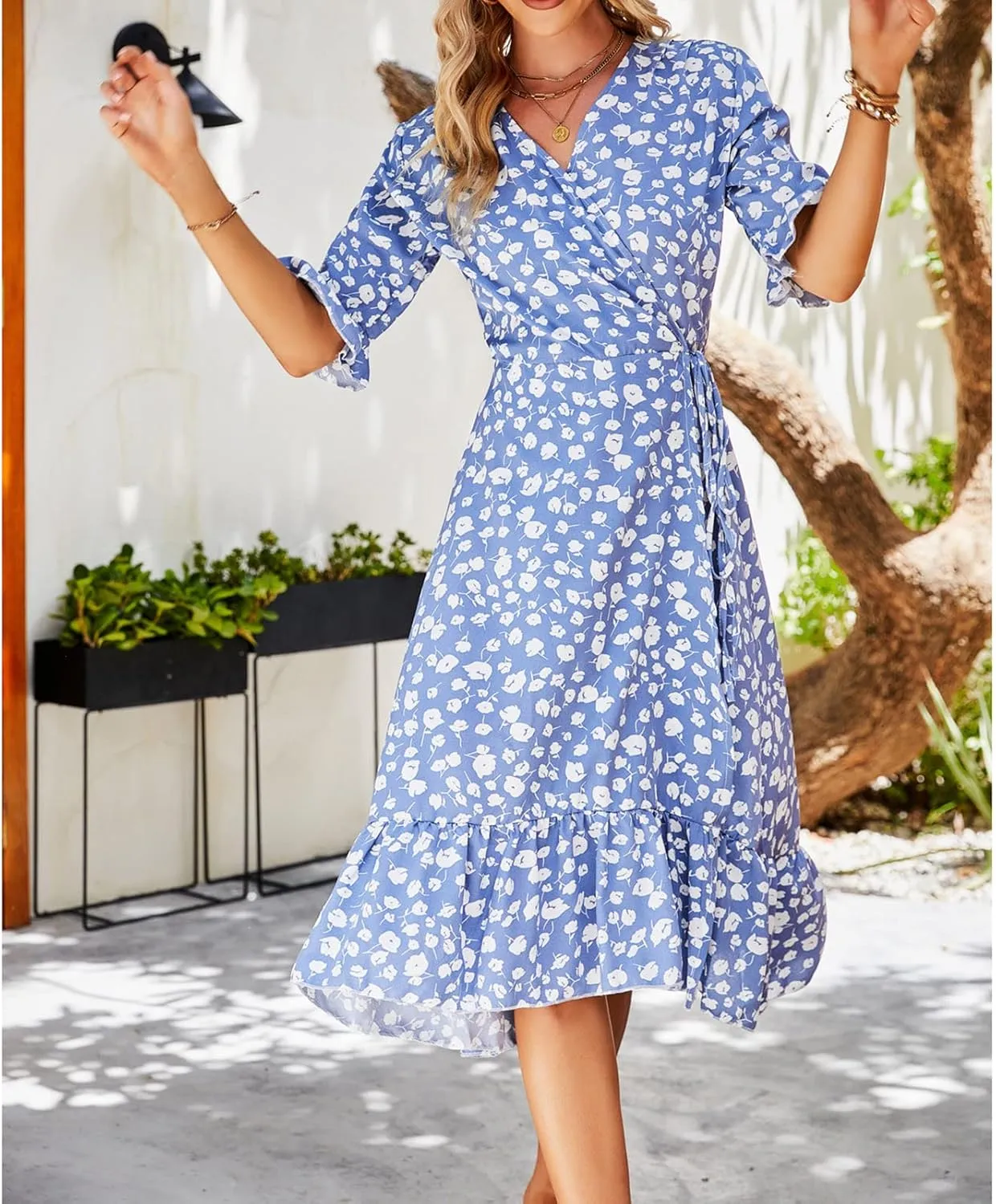 tuduoms Floral Chiffon Dress for Women Wrap Vneck Floral Ruffle Short Sleeve Midi Dress Belted Summer Beach Party Flowy Dress