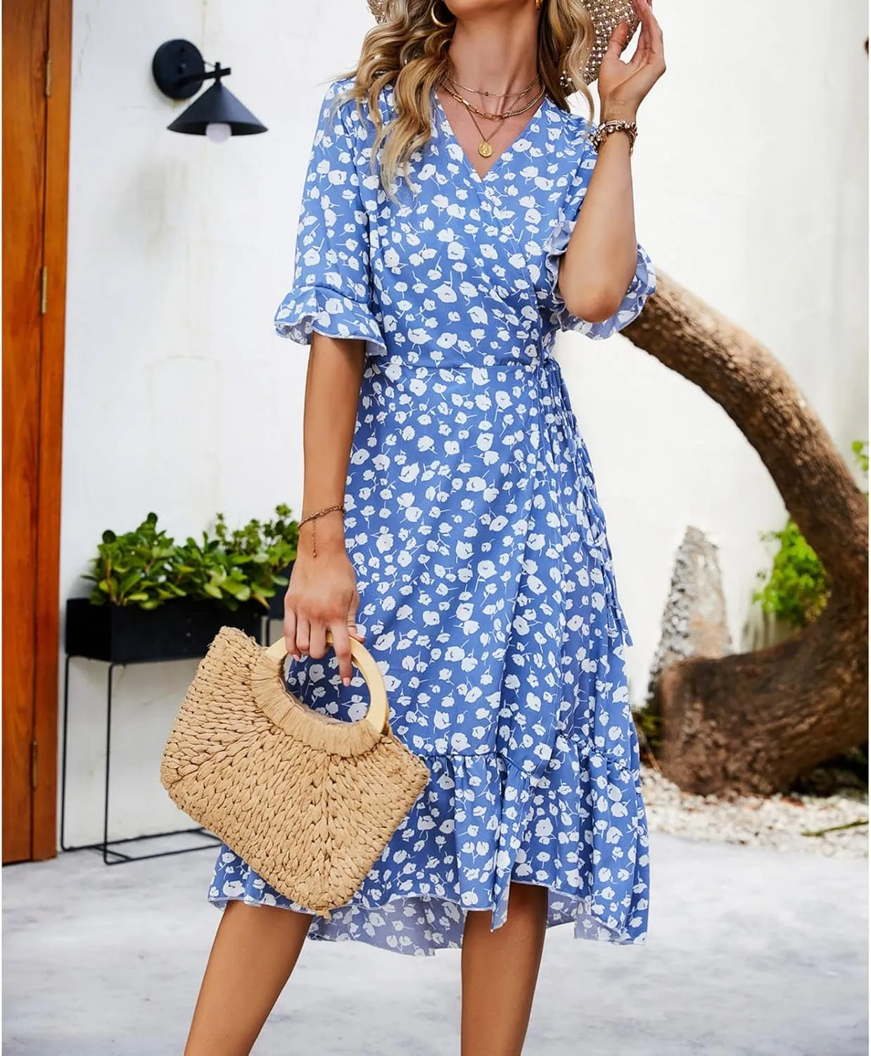 tuduoms Floral Chiffon Dress for Women Wrap Vneck Floral Ruffle Short Sleeve Midi Dress Belted Summer Beach Party Flowy Dress