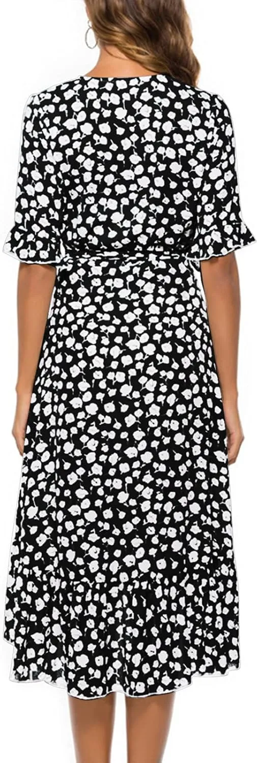 tuduoms Floral Chiffon Dress for Women Wrap Vneck Floral Ruffle Short Sleeve Midi Dress Belted Summer Beach Party Flowy Dress