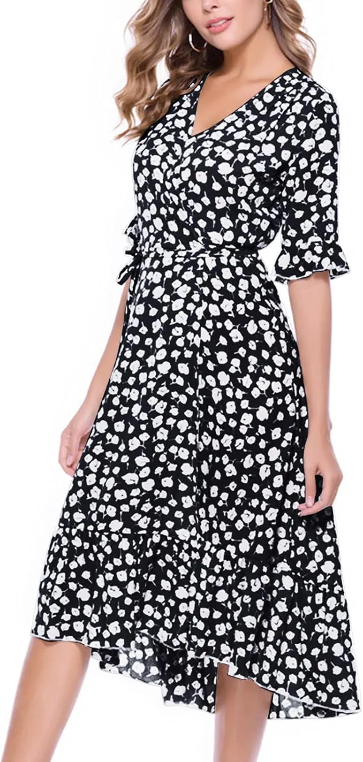 tuduoms Floral Chiffon Dress for Women Wrap Vneck Floral Ruffle Short Sleeve Midi Dress Belted Summer Beach Party Flowy Dress