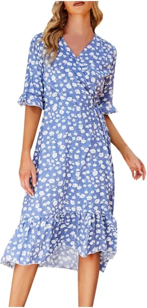 tuduoms Floral Chiffon Dress for Women Wrap Vneck Floral Ruffle Short Sleeve Midi Dress Belted Summer Beach Party Flowy Dress