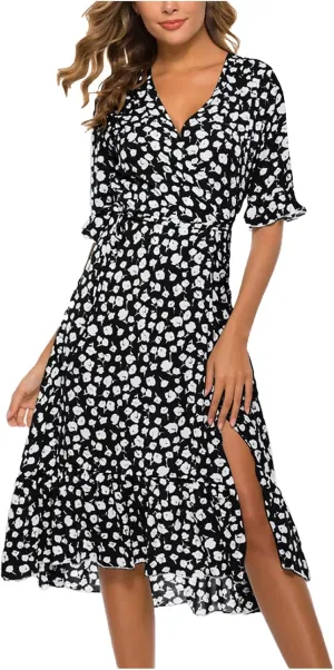 tuduoms Floral Chiffon Dress for Women Wrap Vneck Floral Ruffle Short Sleeve Midi Dress Belted Summer Beach Party Flowy Dress