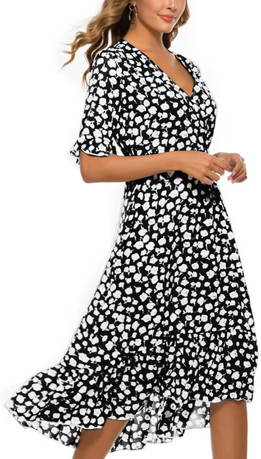tuduoms Floral Chiffon Dress for Women Wrap Vneck Floral Ruffle Short Sleeve Midi Dress Belted Summer Beach Party Flowy Dress