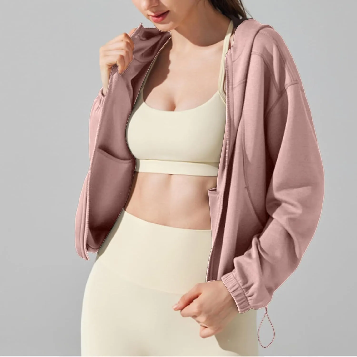 TUQIDEWU Womens Fleece Zip Up Cropped Sweatshirts, Workout Jackets Athletic Casual Long Sleeve Sweatshirts with Pockets