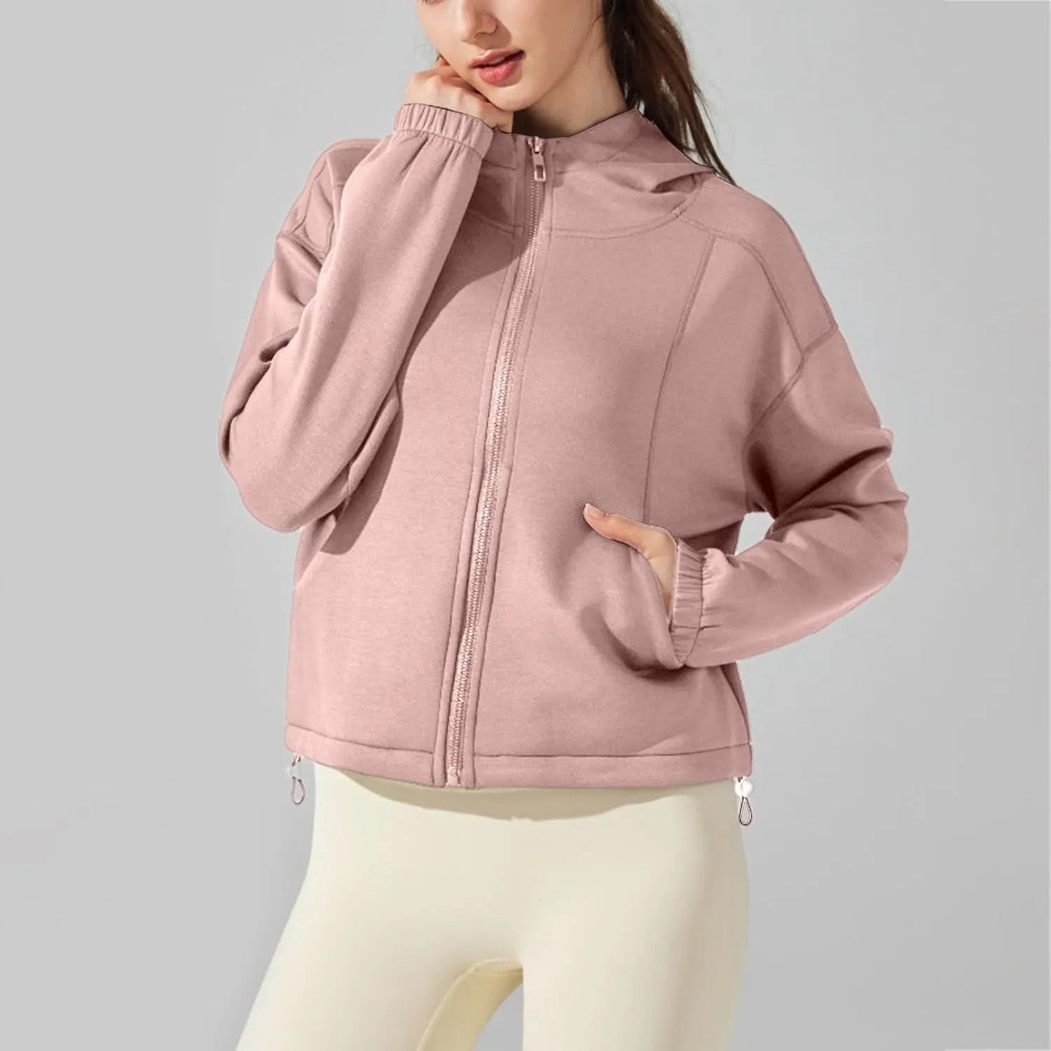 TUQIDEWU Womens Fleece Zip Up Cropped Sweatshirts, Workout Jackets Athletic Casual Long Sleeve Sweatshirts with Pockets
