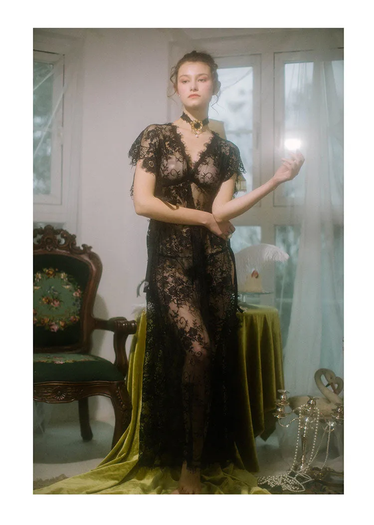 VenusFox Nightgown Sexy Black Lace Maxi Nightdress Lingerie