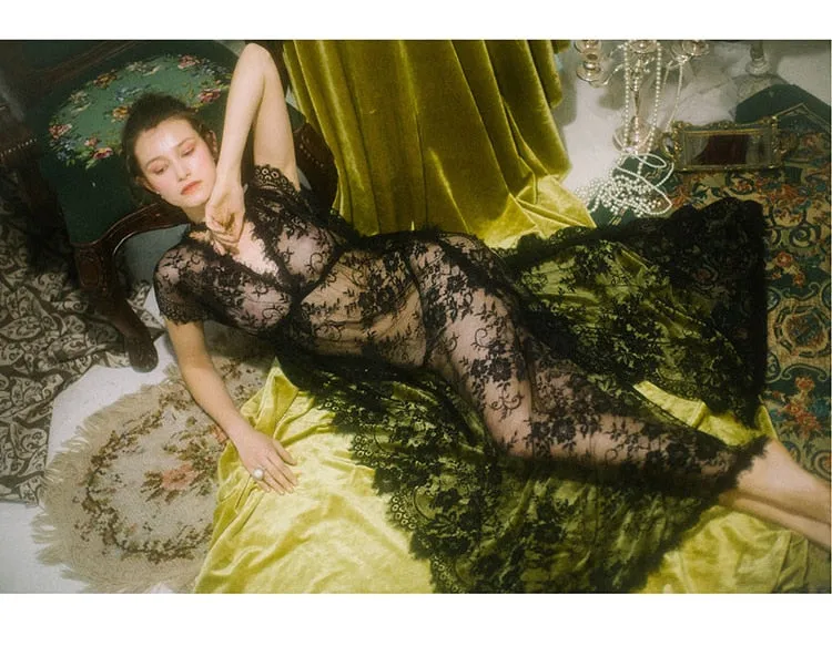 VenusFox Nightgown Sexy Black Lace Maxi Nightdress Lingerie