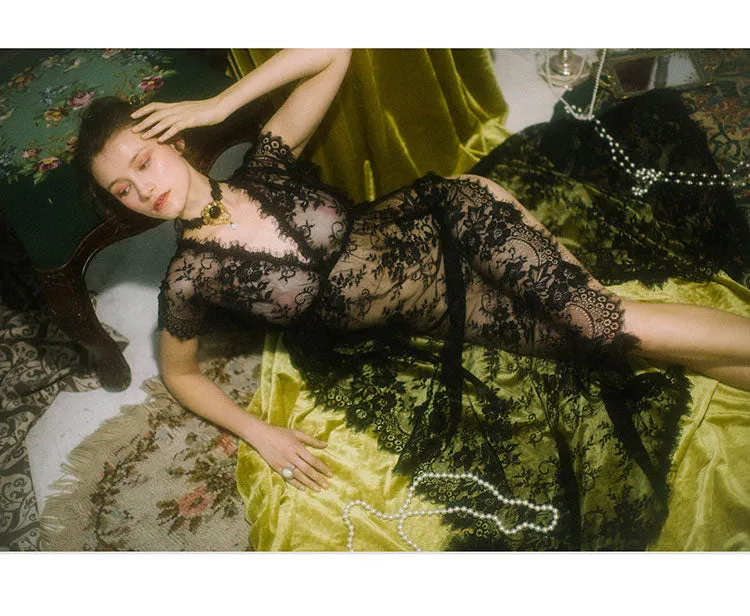 VenusFox Nightgown Sexy Black Lace Maxi Nightdress Lingerie