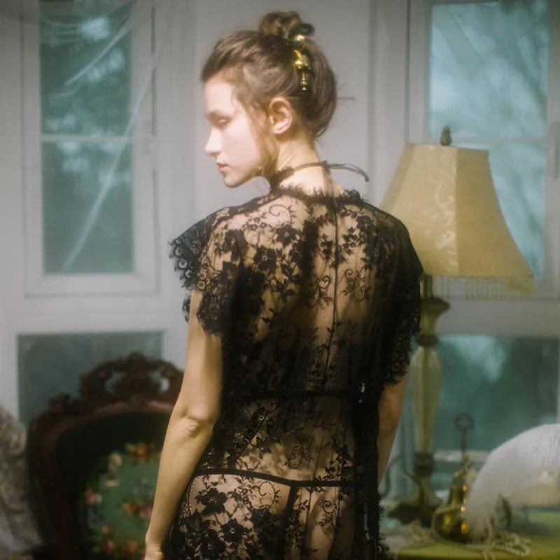 VenusFox Nightgown Sexy Black Lace Maxi Nightdress Lingerie
