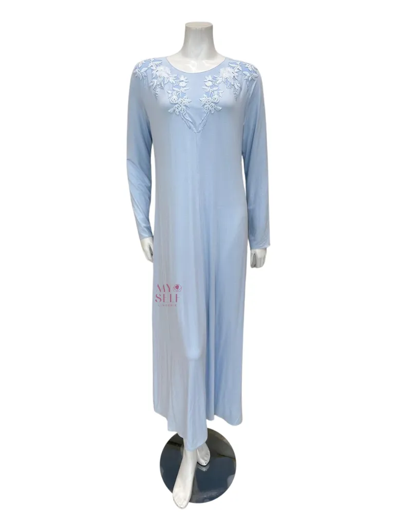 Verdiani Sky Blue Embroidered Lace Modal Nightgown