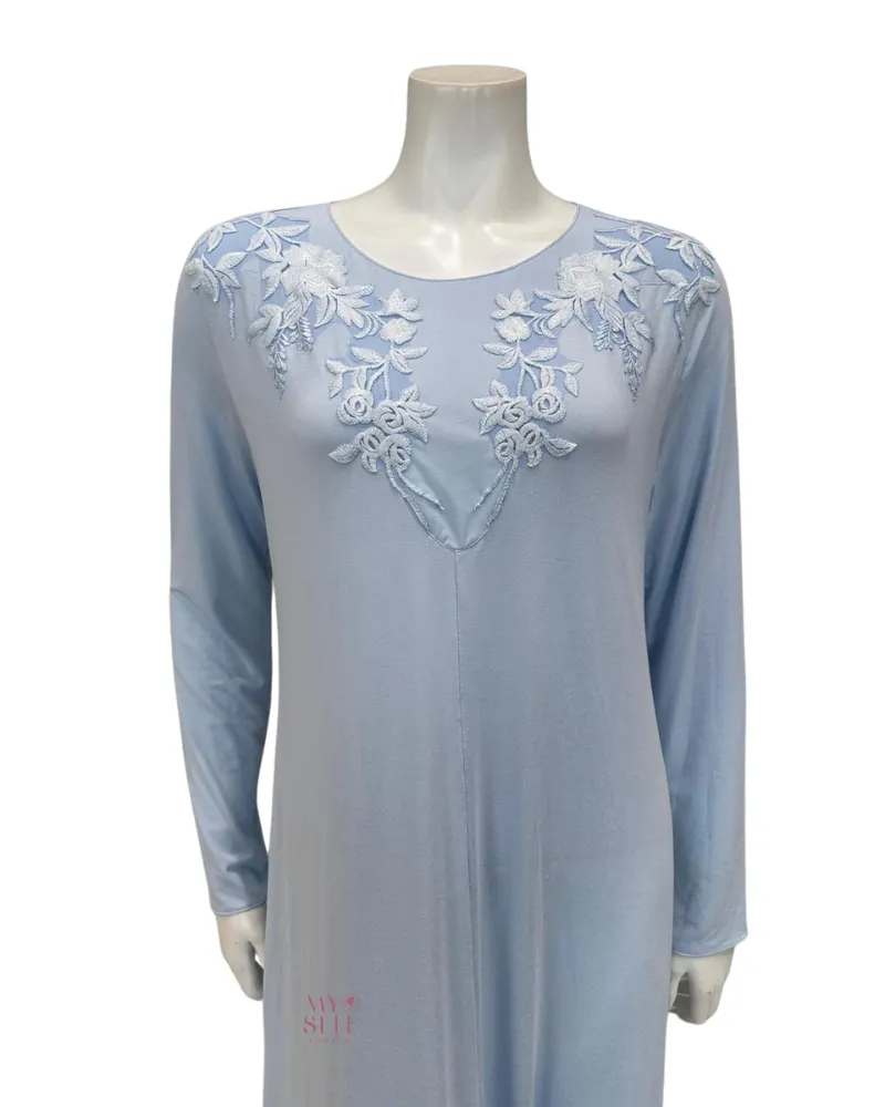 Verdiani Sky Blue Embroidered Lace Modal Nightgown