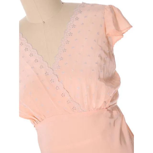 Vintage  Nightgown Rayon Peach Bias Cut W/ Blue Floral Embroidery 52" Bust