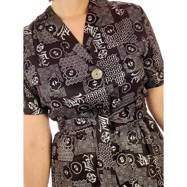 Vintage Womens Lounge Robe Hostess Gown Black & Silver Metallic Chinese  1940s 40-28-45