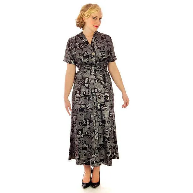 Vintage Womens Lounge Robe Hostess Gown Black & Silver Metallic Chinese  1940s 40-28-45