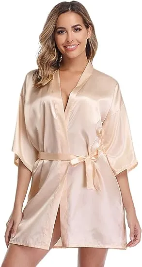 Vlazom Bride Robes Women's Kimono Robe Satin Bridesmaid Party Robes, Bridal Morning Robes with Gold Glitter or Rhinestones