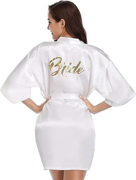 Vlazom Bride Robes Women's Kimono Robe Satin Bridesmaid Party Robes, Bridal Morning Robes with Gold Glitter or Rhinestones